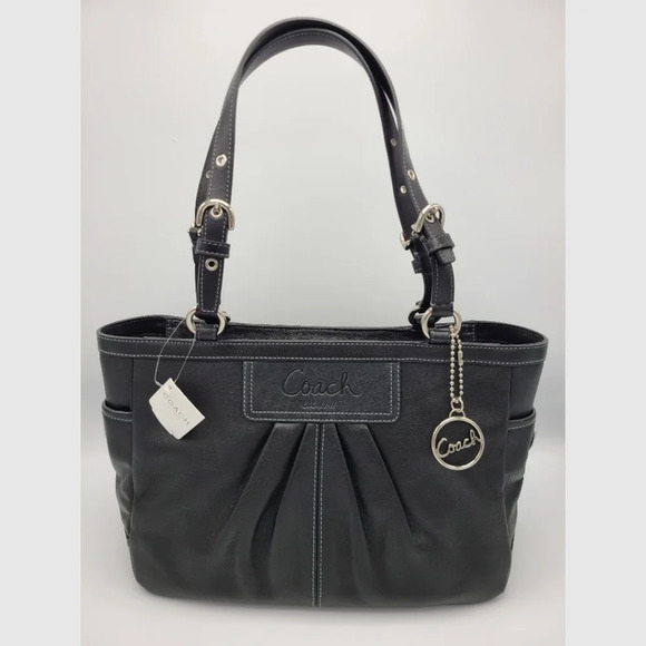 Coach Handbags - Coach Black Leather Pleated East West Gallery Tote Bag Lavendar Purple Lining